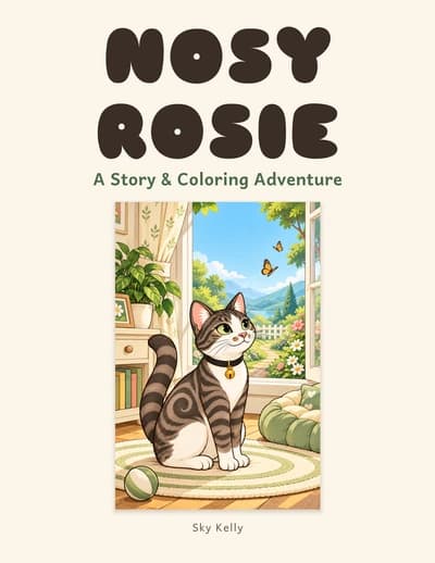Cover of Nosy Rosie: A Story & Coloring Adventure by Sky Kelly, showing a gray and white tabby cat sitting by an open window