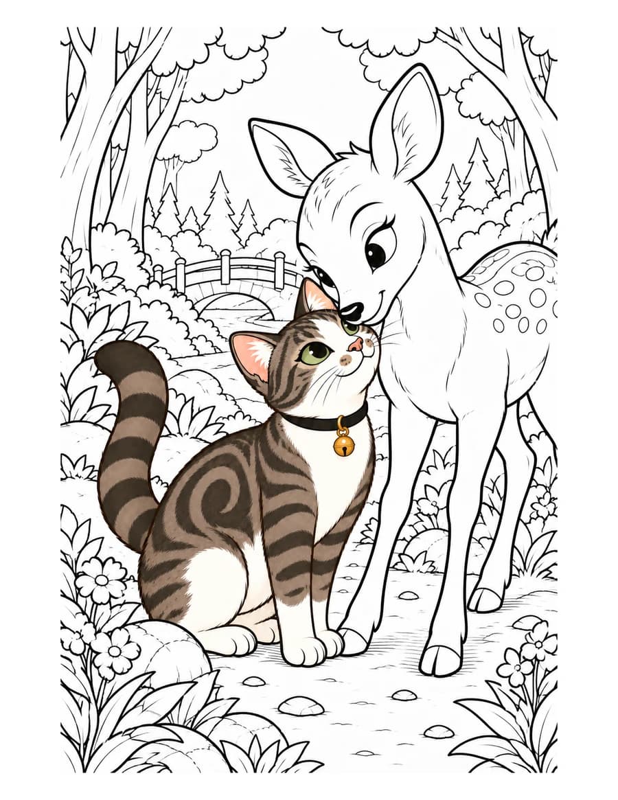 Another illustrated page from Nosy Rosie. Rosie, in color, sits beside a gentle deer in a forest drawn in outline, ready to be colored in.