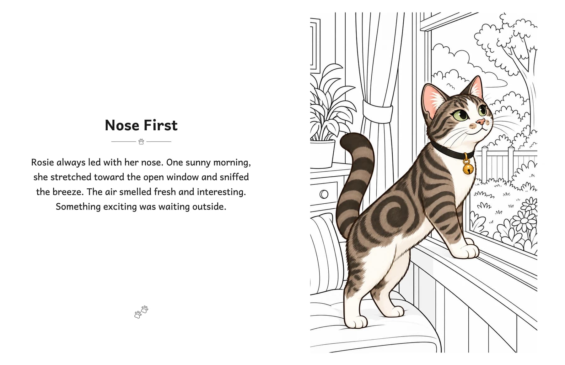 An opening spread from Nosy Rosie. The left page reads "Nosy First", a short passage about Rosie following her nose to an open window. On the right page, Rosie is illustrated in color, stretching toward the window, with the room and garden drawn in outline for a child to color.