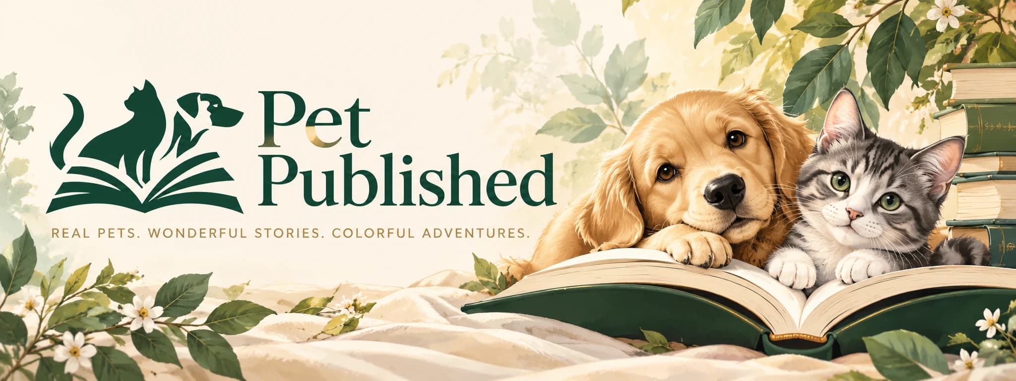Pet Published. A golden retriever puppy and a gray tabby kitten rest on an open book. Real pets. Wonderful stories. Colorful adventures.