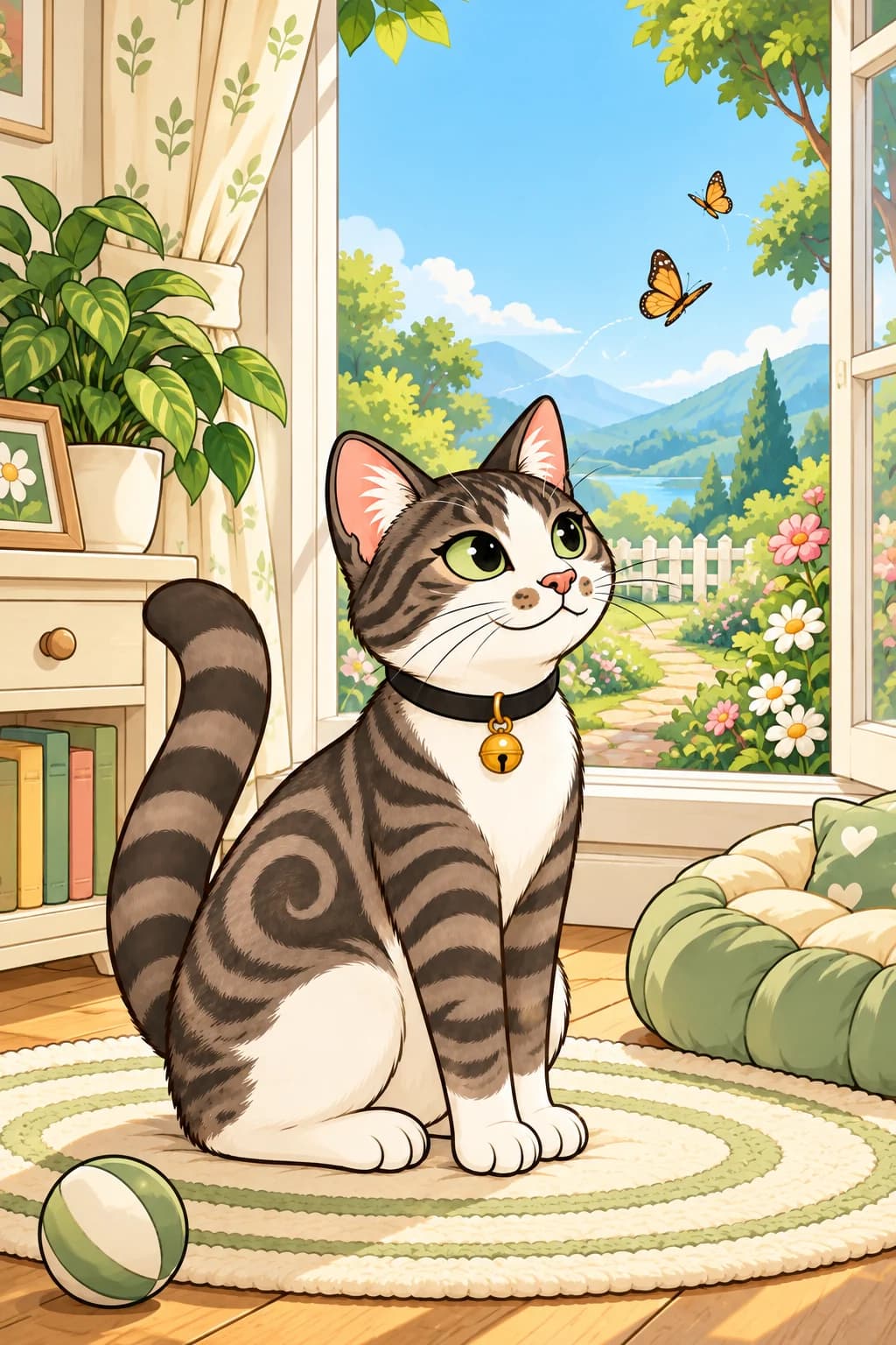 Illustration of Rosie, a gray and white tabby cat with a gold bell collar, sitting on a round rug beside an open window with a garden view